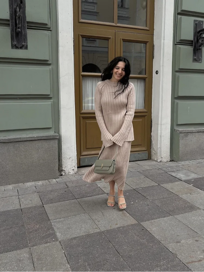 maoxiangshop  -  Casual Solid Knitted Skirt Suits Women Chic Round Neck Long Sleeves High Waist Pullover Tops 2024 Autumn Lady Office Outfit