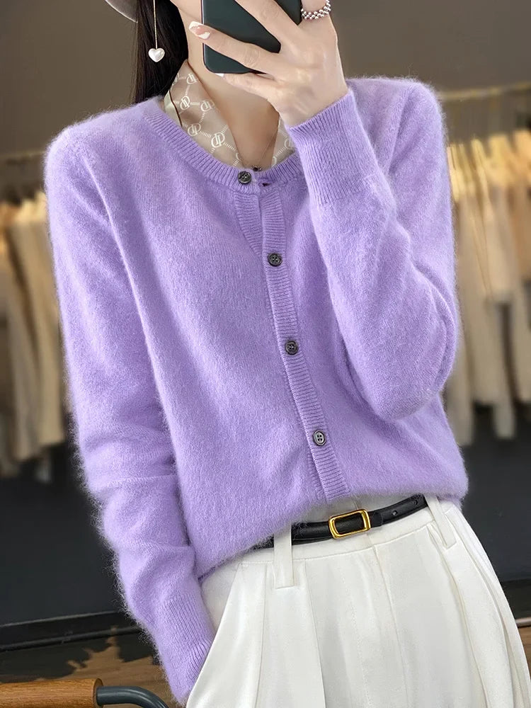 maoxiangshop Aliselect Women Cardigan Super Warm Pure Mink Cashmere Sweaters O-neck Loose Female Clothes Ladies' Solid Color Knitwear Tops