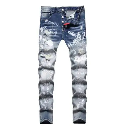 maoxiangshop Men Blue Denim Jeans Skinny Holes Jeans Italian Style Stretch Denim Pants High Quality Male Slim Fit Denim Trousers Size 42
