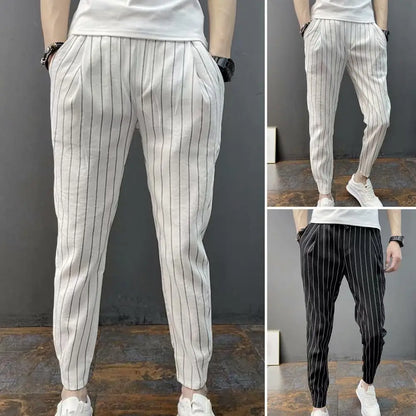 maoxiangshop Men Harem Pants Striped Drawstring Elastic Waist Slim Fit Streetwear Spring Autumn Stretch Ankle Tied Pencil Pants for Daily