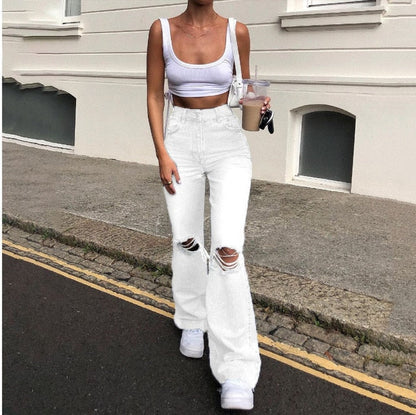 maoxiangshop new style micro-bladed jeans women's ripped European and American high-waisted wide-leg flared trousers all-match loose