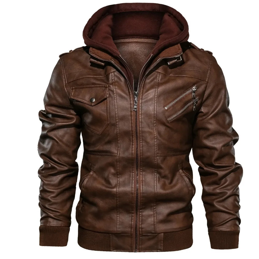 maoxiangshop Autumn Winter Men's Leather Jackets Hooded Casual Motorcycle PU Jackets Biker Leather Outerwear Brand Clothing