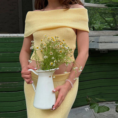 maoxiangshop  -  Elegant Knitted Slash Neck Suits With Long Elastic Skirts Women Autumn Sleeveless Knitting Tops Solid High Waisted Skirt Sets