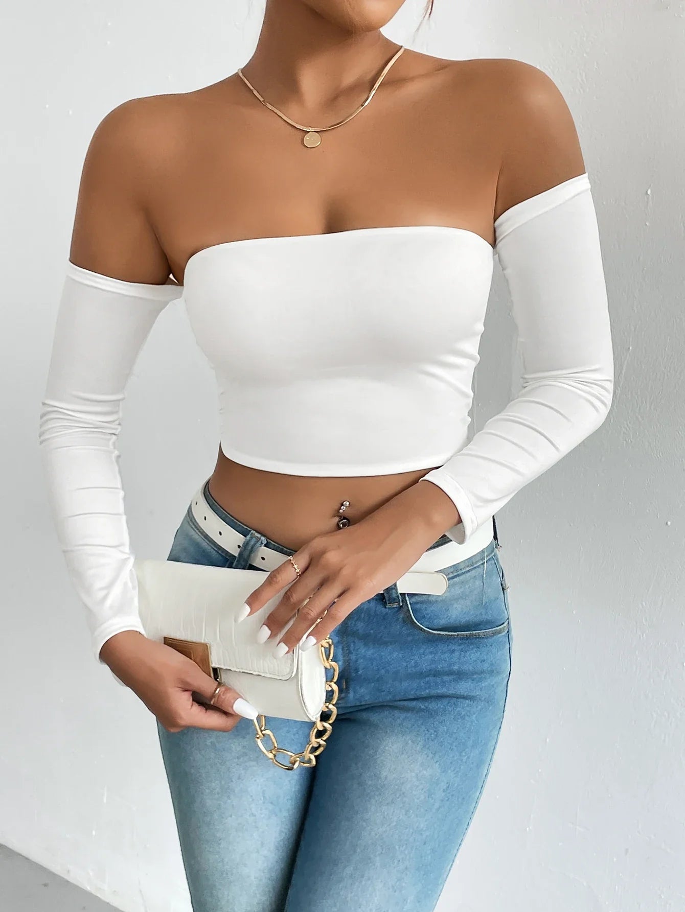 maoxiangshop Off Shoulder Crop T-Shirt, Casual Long Sleeve Top For Spring & Fall, Women's Clothing