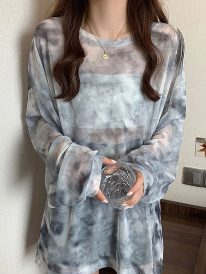 maoxiangshop Tie Dye Long Sleeve T-shirts Women Breathable Summer O-neck Design Mesh Sun-proof Loose Tshirts Korean Style All-match Tops Chic