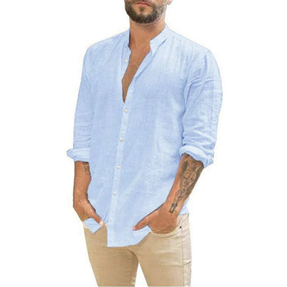 maoxiangshop Cotton Linen Hot Sale Men's Long-Sleeved Shirts Summer Solid Color  Stand-Up Collar Casual Beach Style Plus Size