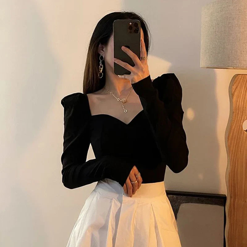 maoxiangshop Vintage Elegant Shirts Women Puff Sleeve Square Collar Blouses Office Lady Korean Autumn Black Chic Slim Casual All Match Tops