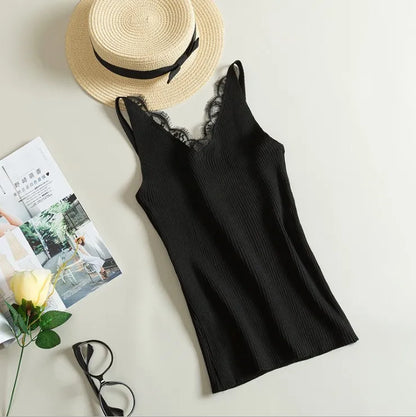 maoxiangshop Women Hook Flower Lace Tank solid Stitching V-neck Camis Female Knitted Short Slim Sleeveless Shirt Tank Casual Tops