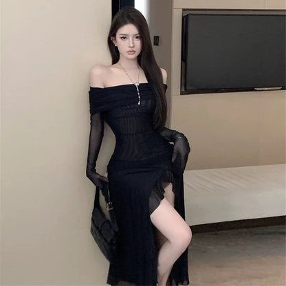 maoxiangshop Women Black Sexy Long Dress Off Shoulder Elegant Irregular Ruffles Split Evening Party Dresses Bodycon Gothic Lace Dress