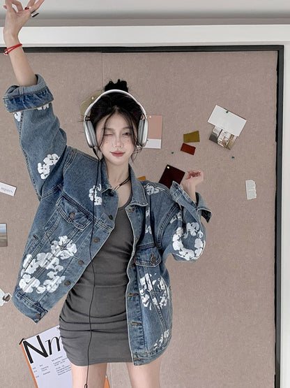 Printed Mid-length Denim Jacket Loose  Long Sleeve Coat Retro Button-up Top Women's Jacket Autumn Casual Clothes Outerwear
