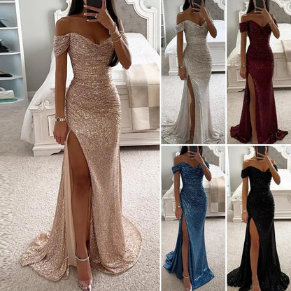 maoxiangshop-Solid Color Long Sleeve Dress Elegant Sequin V-neck Maxi Dress for Evening Party Prom Off Shoulder Slim Sexy Split Long Dress