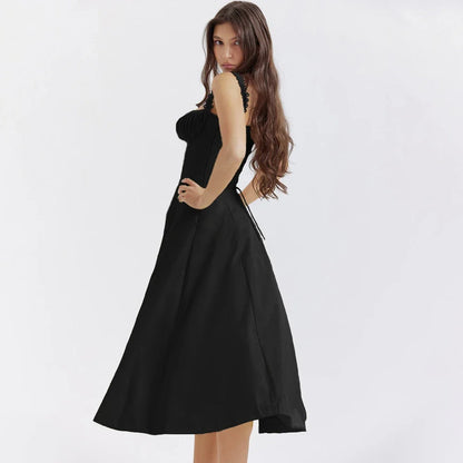 Summer Elegant Lace Up Black Dress Long A Line Midi Party Dress Casual Double Layer Women Dress New Arrivals