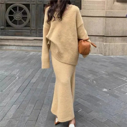 maoxiangshop  -  Autumn Winter Knitting Women Suit Winter Sweater Long Skirts Sets V-neck Pullover Top + High Waist Fishtail Skirt Two Piece Set