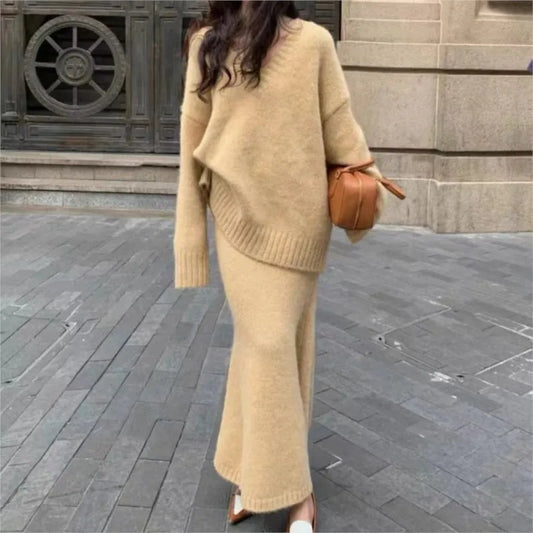 maoxiangshop  -  Autumn Winter Knitting Women Suit Winter Sweater Long Skirts Sets V-neck Pullover Top + High Waist Fishtail Skirt Two Piece Set