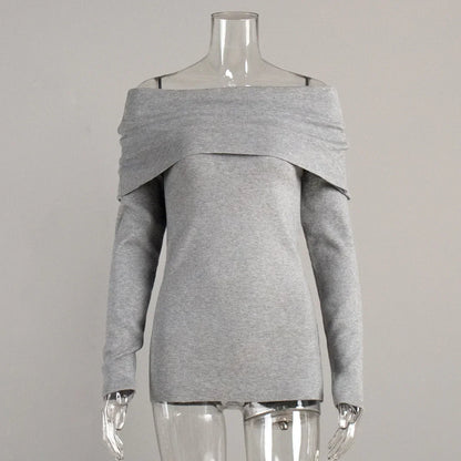 maoxiangshop  -  Women's Sweater Pullovers Long Sleeve Knitted One-Shoulder Sexy Slim Top Solid Color Autumn Winter 2024 Fashion Casual