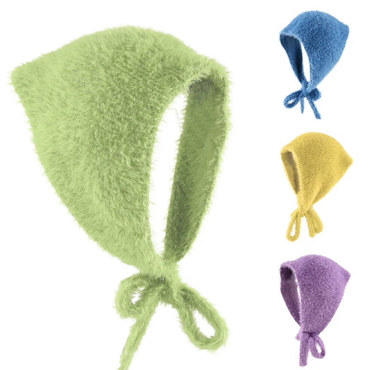 maoxiangshop  -  Autumn Winter Plush Triangle Scarf for Women Girls Sweet Warm Lace-Up Beanies French Fleece Knitted Bonnet Headscarf Accessories