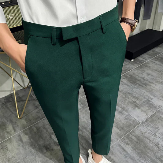 maoxiangshop 2024 Summer Fashion Mens Dark Green Suit Pants Pure Color Business Occupation Slim Fit Dress Office Ankle Trousers