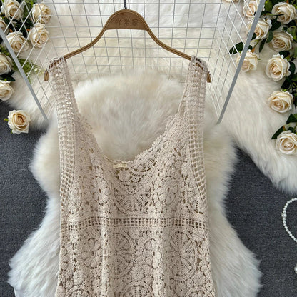 maoxiangshop Bohemian Beach Style Summer Dress Women Crochet Hollow Out Female Dresses Spaghetti Strap Sleeveless Vestidos De Mujer