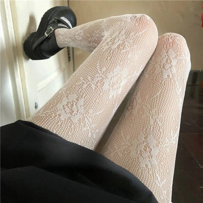 maoxiangshop Heart Flower Mesh Japanese Girl Lolita Ins Tights Stockings White Fishnet Pantyhose Female for Women Summer Legging Stocking