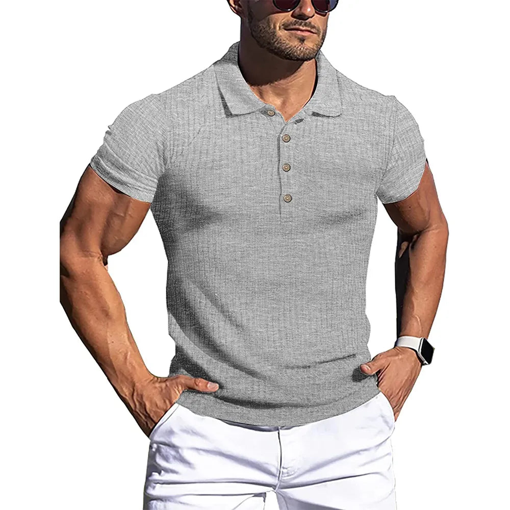 maoxiangshop New Summer Polo Men Solid Stripe Fitness Elasticity Short Sleeve Polo Shirts for Men Fashion Stand Collar Mens Shirts