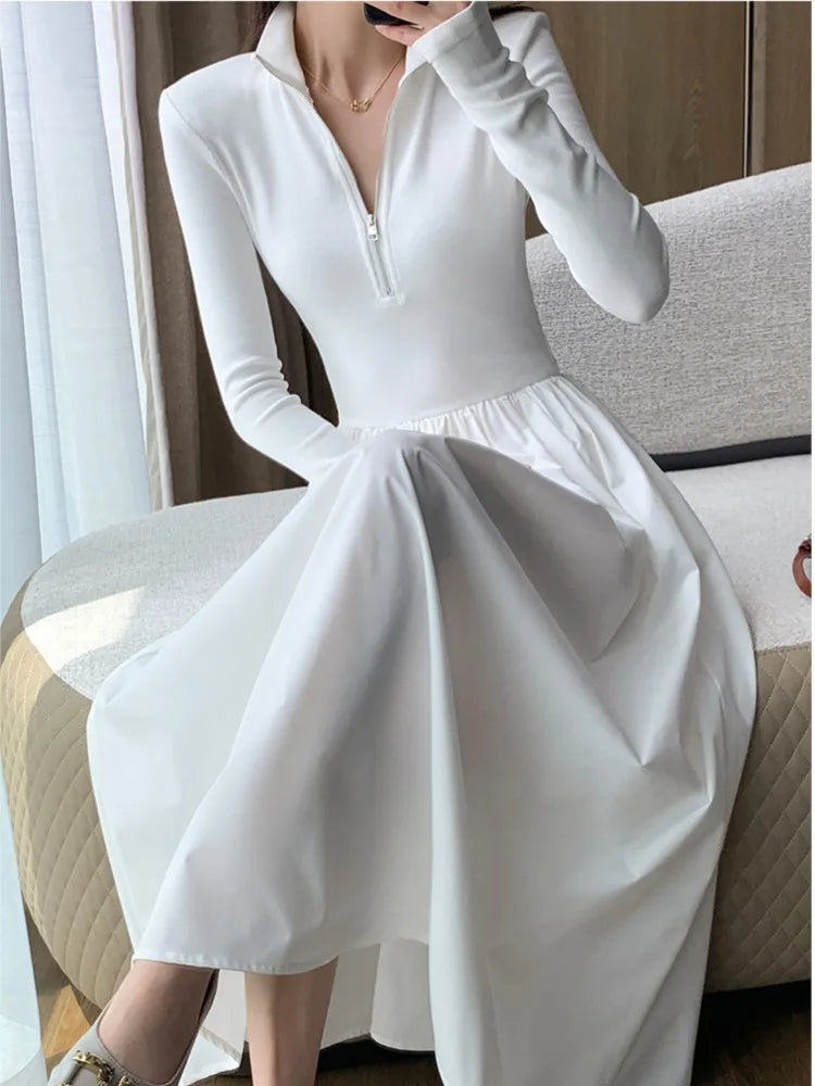 Elegant Vintage Long Sleeve Knitted Midi Dresses Women Korean Casual Slim Fit A-Line Black Birthday Party Robe Autumn Clothing