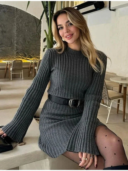 maoxiangshop  -  White Knitted Women Dress 2024 Winter Black Long Sleeve Mini Sweater Dress Ladies Elegant Pleated Knit Party Dress Knitwear