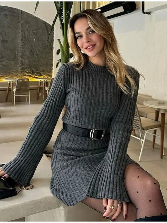 maoxiangshop  -  White Knitted Women Dress 2024 Winter Black Long Sleeve Mini Sweater Dress Ladies Elegant Pleated Knit Party Dress Knitwear