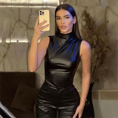 maoxiangshopPU Leather Tank Top High Fashion Asymmetrical Ruched Sleeveless Blouse Winter Sexy T Shirt For Women Y2K Clothes