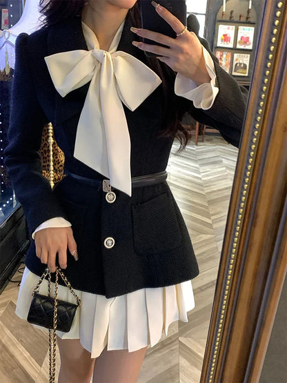 Winter Elegant Two Piece Set Women Korean Fashion Bow Sweet Party Dress Set Female Long Sleeve France Chic Mini Dress Suit 2023