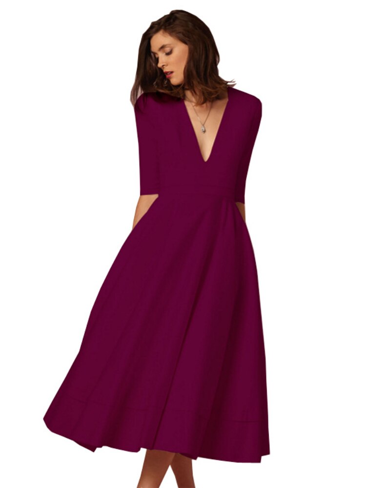 Spring and Summer New Ladies High-end Sexy Deep V Mid-sleeve Dress Retro Temperament Mid-length Solid Color Dress Female