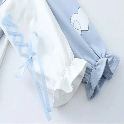 maoxiangshop Pink Patchwork Cotton Hoodies For Women Summer Harajuku Cartoon Print Lace Up Hooded Sweatshirt Sweet Style Ladie Daily Top
