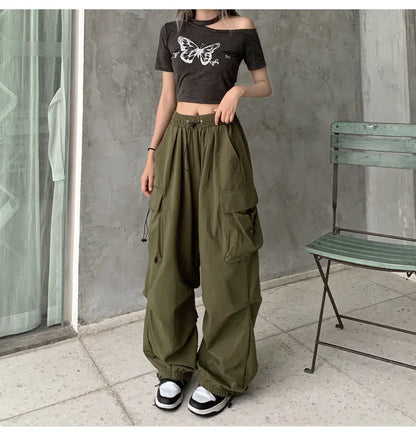maoxiangshopWomen Big Pockets Cargo Pants Y2k High Elastic Waist Drawstring Baggy Trousers Vintage Casual Loose Side Zipper Straight Pants