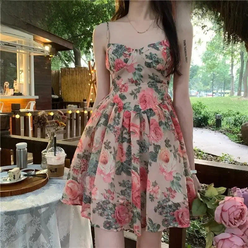 maoxiangshop Elegant High-waisted Slimming Floral Tank Dress For Women Spring Summer French Style Petite Mini Dress A- line Sleeveless