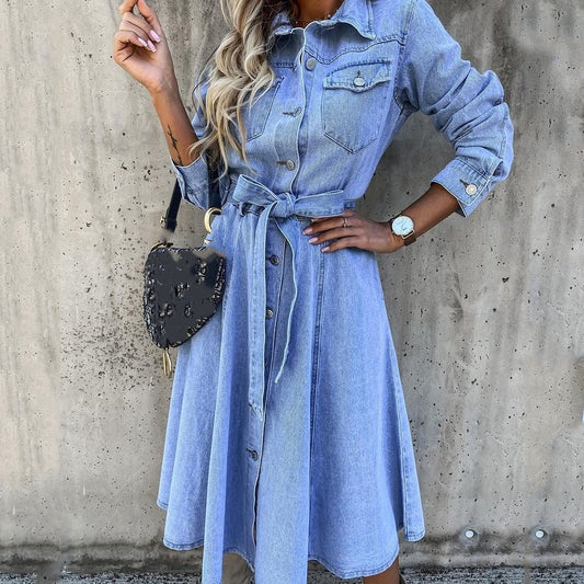 maoxiangshop Women Sexy Button V Neck Washing Denim Dress Casual Summer Short Sleeve Long Dress Spring Vintage Fashion Jean Party Dress