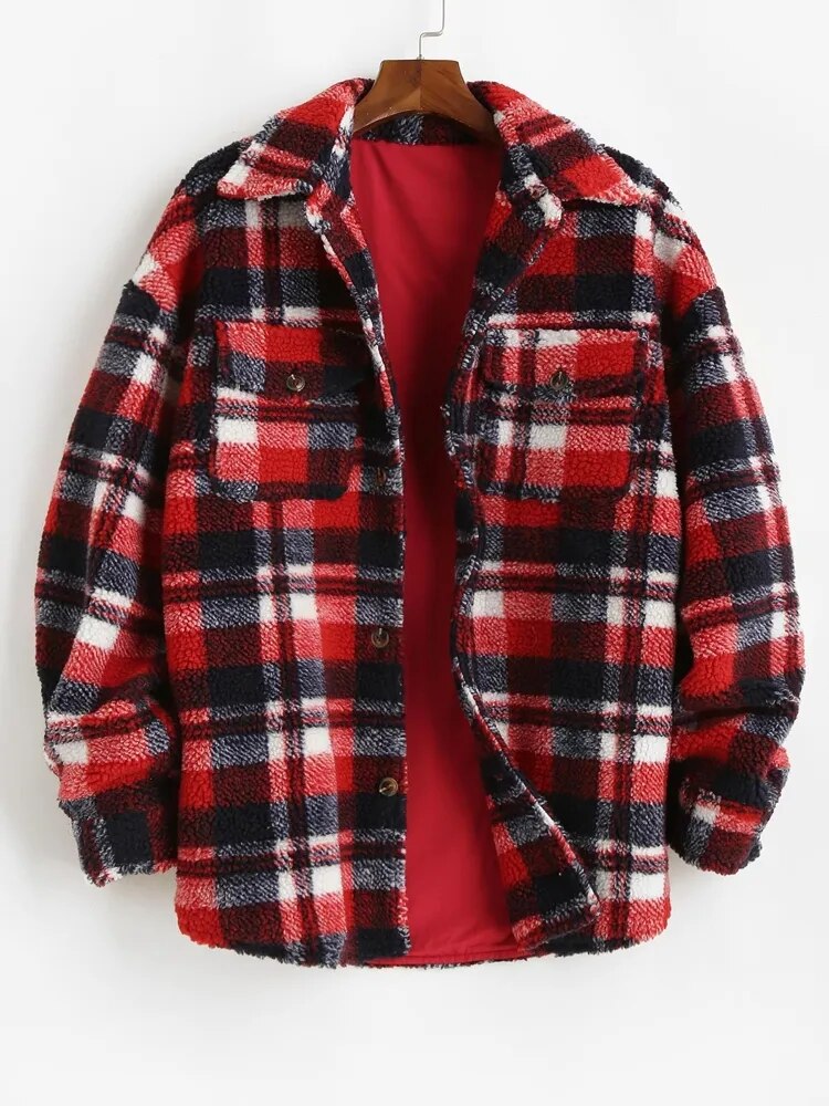 maoxiangshop Plaid Jacket for Men Fluffy Fleece Shirt Jacket with Pocket Button-up Faux Fur Sherpa Streetwear Topcoats