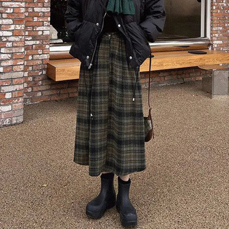 maoxiangshop Autumn Winter Woolen Plaid Skirt for Women Vintage High Waist Midi Skirts Woman A-Line Pleated Long Skirts Female