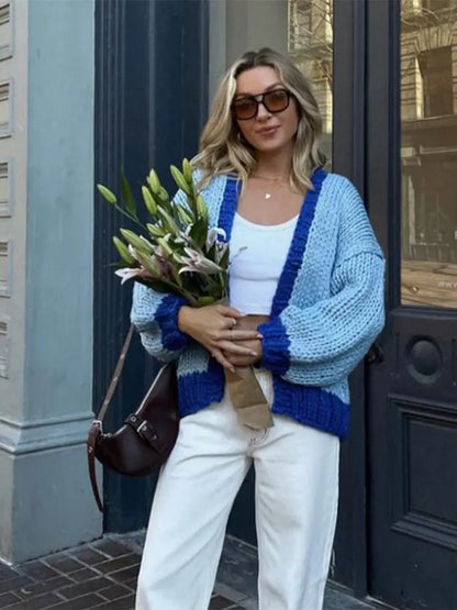 maoxiangshop  -  Women Casual Blue Contrast Color Knitted Sweater Jacket Loose Long Sleeve V Neck Cardigan Autumn Fashion Lady Street Knitwear