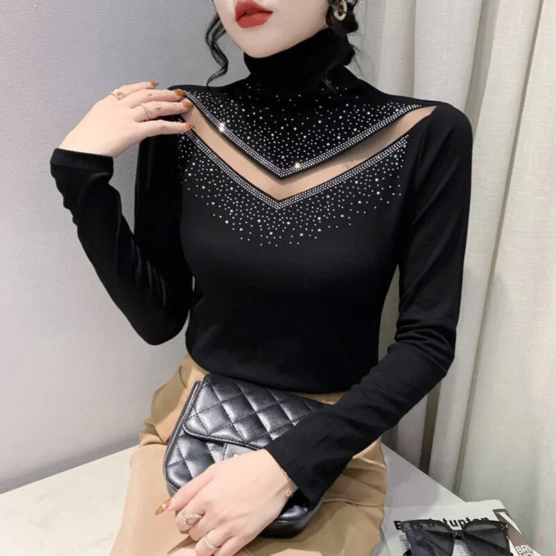 maoxiangshop Spring Autumn New Women's Tops Shirt Fashion Casual Turtleneck Long Sleeve Hollow Out Hot Drilling Mesh T-Shirt M-3XL