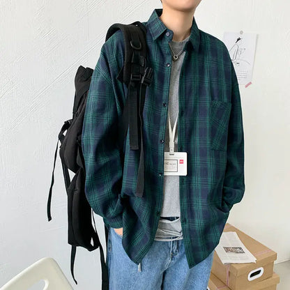 maoxiangshop Fashion Lapel Button Spliced Pockets Lattice Shirt Men's Clothing Spring New Loose Casual Tops Long Sleeve Korean Shirts