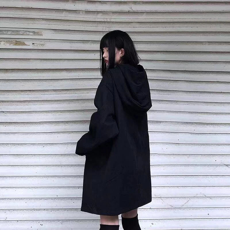 Harajuku Black Jacket Women Dark Academic Long Sleeve Loose Hooded Midi Outwear Bf Streetwear Oversized Casual Capes Coats