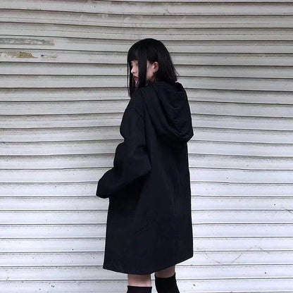 Harajuku Black Jacket Women Dark Academic Long Sleeve Loose Hooded Midi Outwear Bf Streetwear Oversized Casual Capes Coats