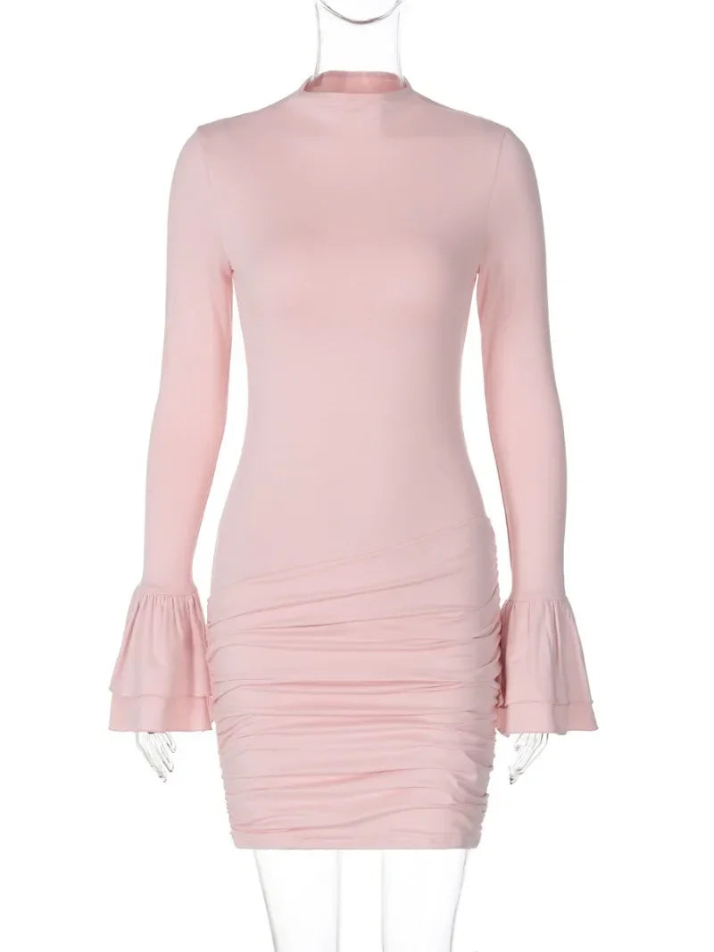 maoxiangshop  -  Fashion Solid Pink Short Dress Streetwear Women's Autumn Winter Flare Sleeve Folds Bodycon Package Hip Birthday Party Dresses