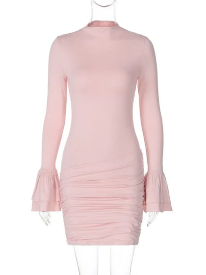maoxiangshop  -  Fashion Solid Pink Short Dress Streetwear Women's Autumn Winter Flare Sleeve Folds Bodycon Package Hip Birthday Party Dresses