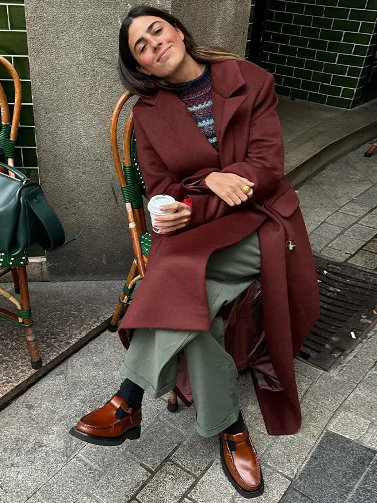 maoxiangshop -  Winter Vintage Solid Wool Blends Long Coats Women Turndown Collar Double Breasted Jacket Office Lady Street Long Sleeve Overcoat