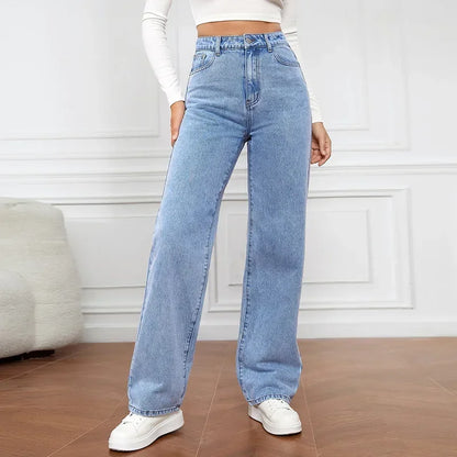 maoxiangshop Denim Jeans Women Straight Pants Washing High Waist Loose Pockets Basics Ankle Length Y2k Blue Pants Streetwear Slight Strech