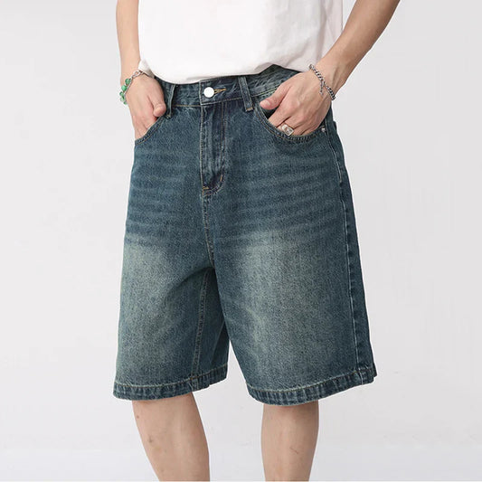 maoxiangshop Summer Denim Shorts Men's Loose Korean Style Retro Short Jeans Fashion Washed Casual Knee Length Pant New Streetwear