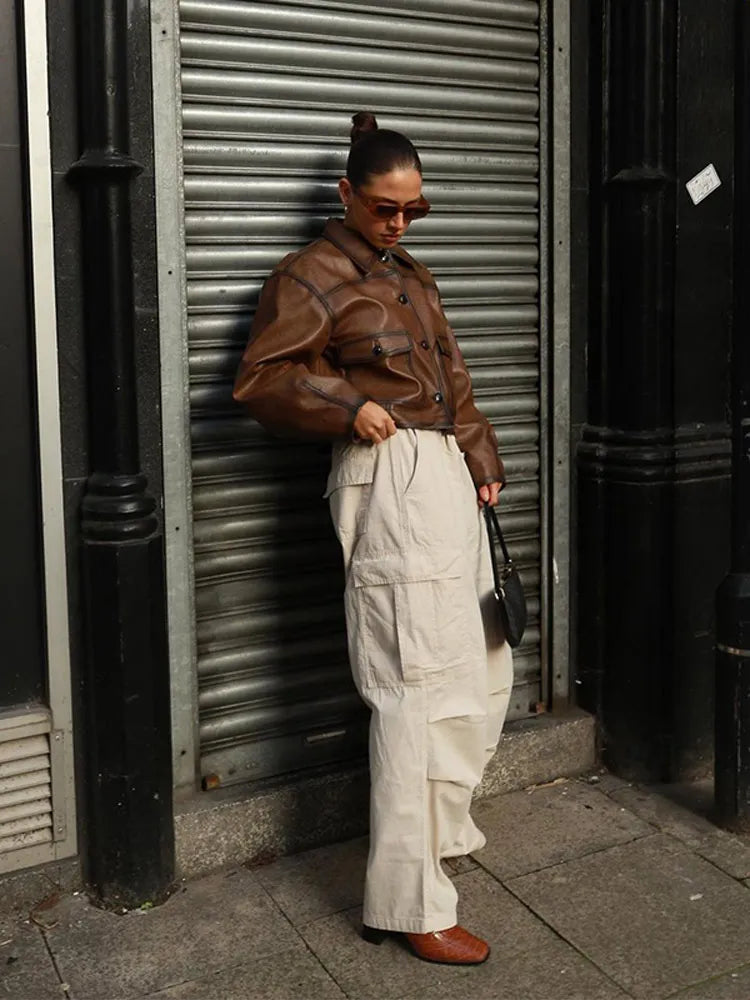maoxiangshop  -  Retro Solid Color Button Pu Women's Leather Jacket Fashion Collar Pocket Long Sleeved Coat Autumn Ladies Casual High Streetwear