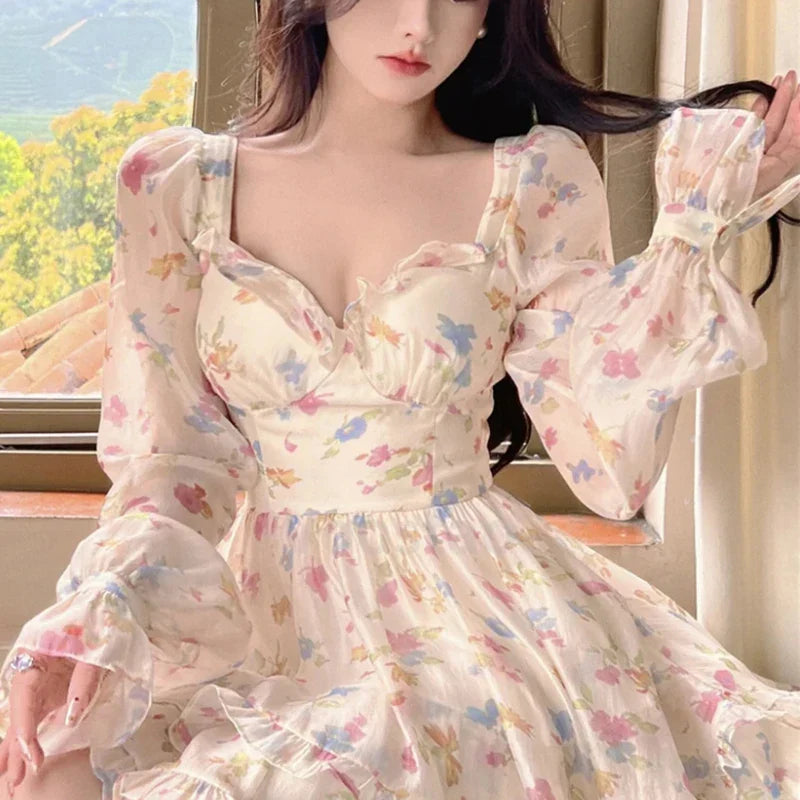 Sweet Girl Straight Shoulder Floral Chiffon Dresses Women Korean Style Elegant Long Sleeve Ruffles Party Mini Skirts Female