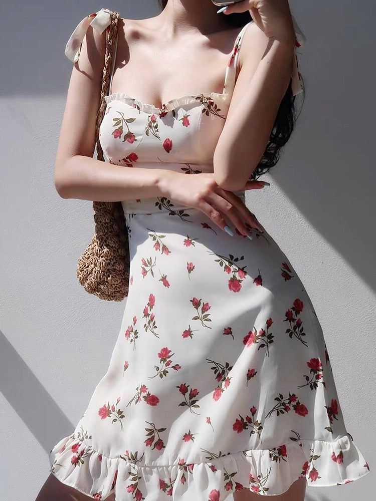 maoxiangshop Y2K Floral Sexy Slip Dress Women's Summer Bandage Sleeveless Slim Flounce Resort Mini Dresses Elegant Office Lady Party