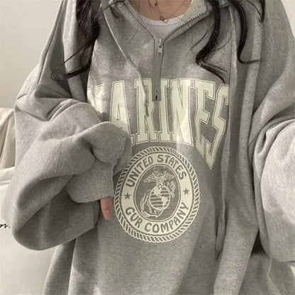 Graphic Hoodies Baggy Tops Grey with Zipper Sweatshirts for Women Full Zip Up Hooded Loose Female Clothes Pullovers Sport Trend